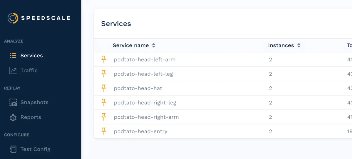 Speedscale UI showing podtato-head services