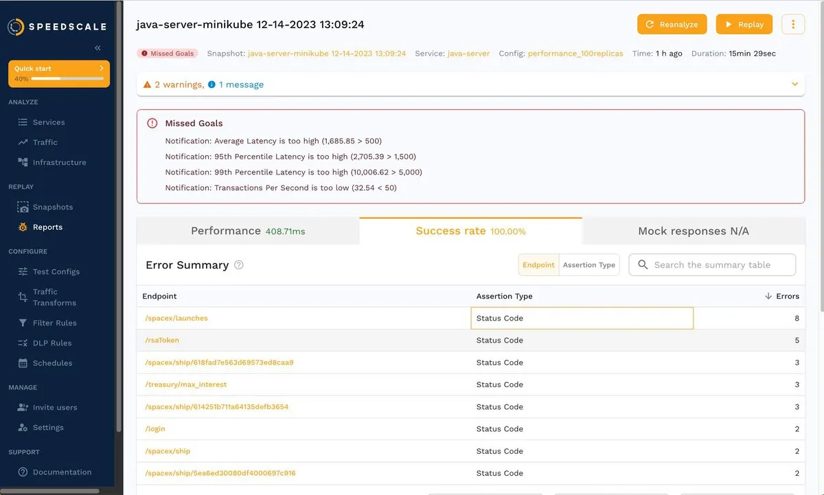 Reports success rate tab