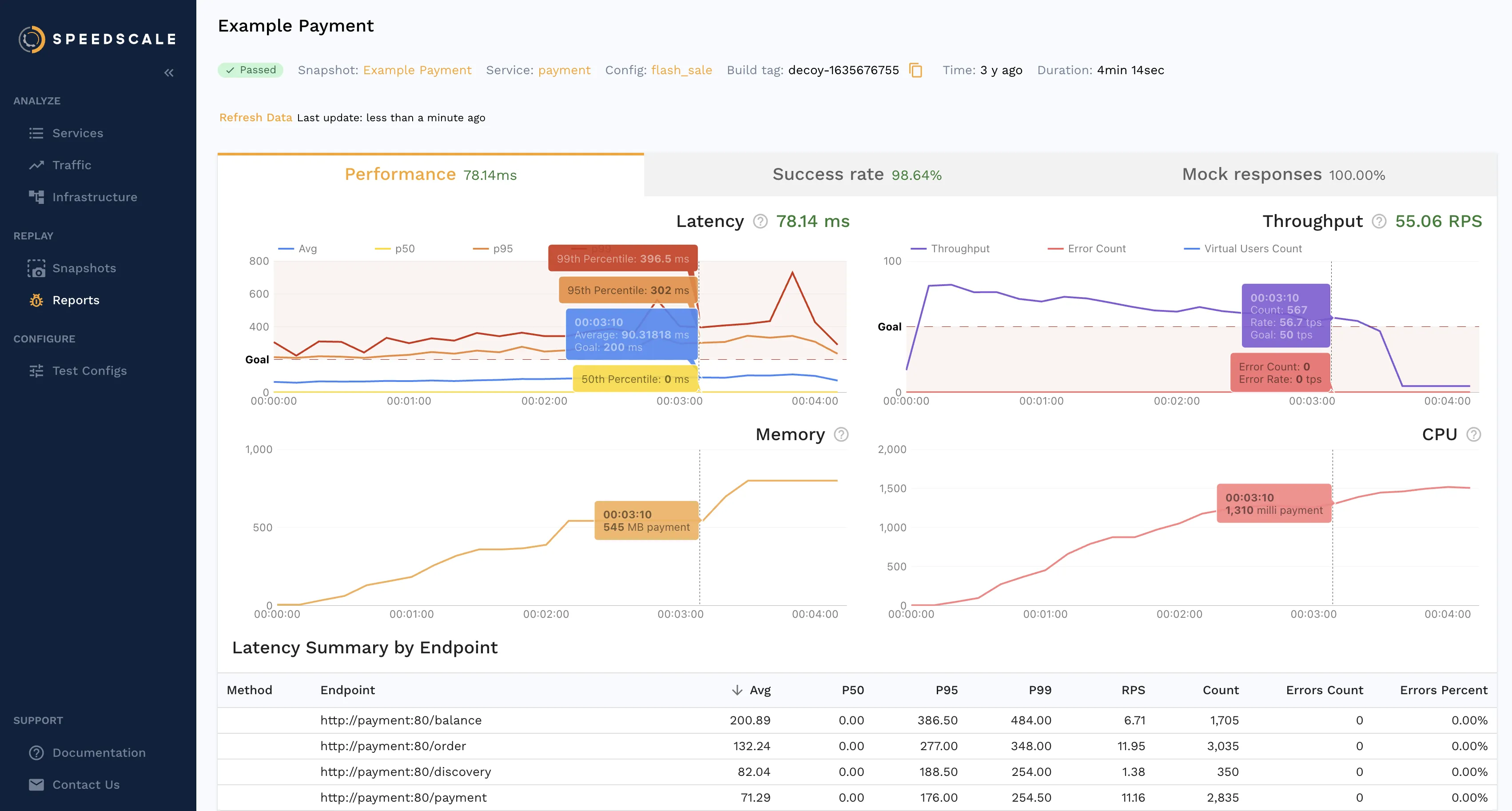 Report example from the Speedscale dashboard
