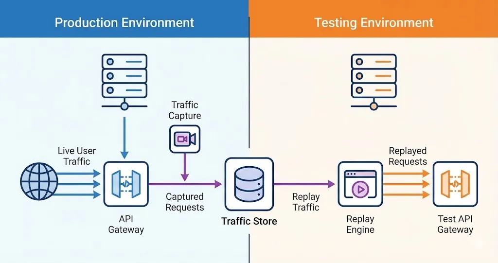 Production traffic replay workflow showing capture and replay process