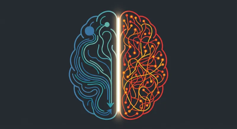 Split brain diagram: calm organized pathways on the left representing flow state, chaotic branching pathways on the right representing cognitive overload from constant tool decisions