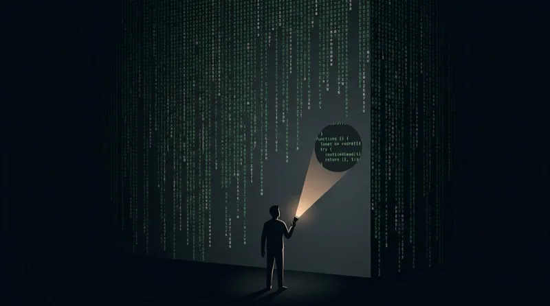A developer with a flashlight illuminating a tiny circle of code on a vast dark wall — the comprehension gap between AI output and human understanding