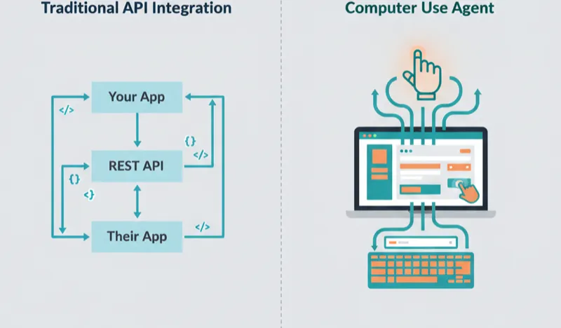 Diagram comparing traditional API integration with OpenClaw's computer-use approach to software automation