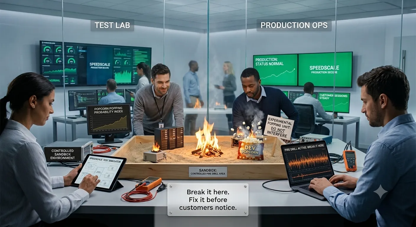 test lab where engineers run a controlled fire drill in a sandbox while production stays green next door
