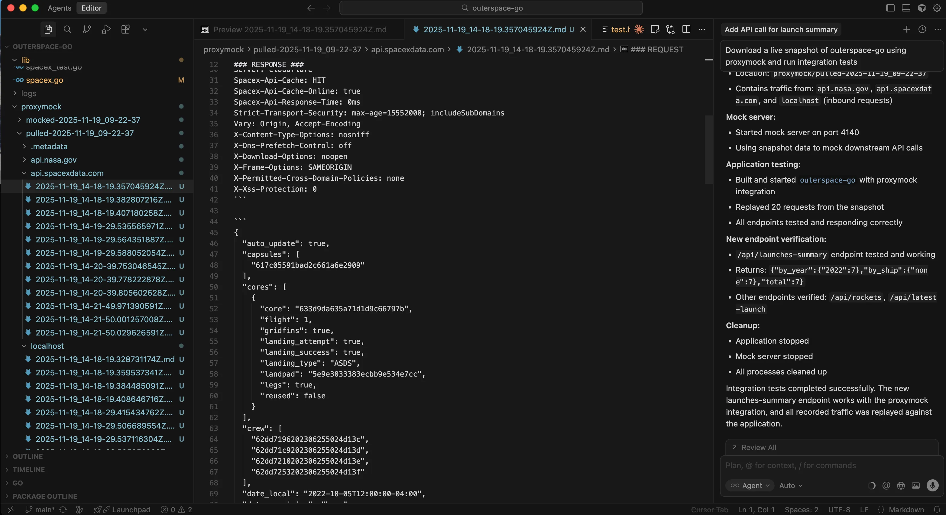 Cursor orchestrating proxymock replay