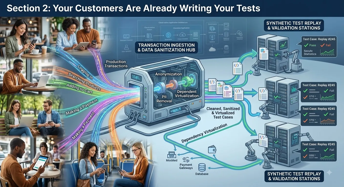 Production transactions flowing through ingestion and data sanitization into replayable synthetic test cases