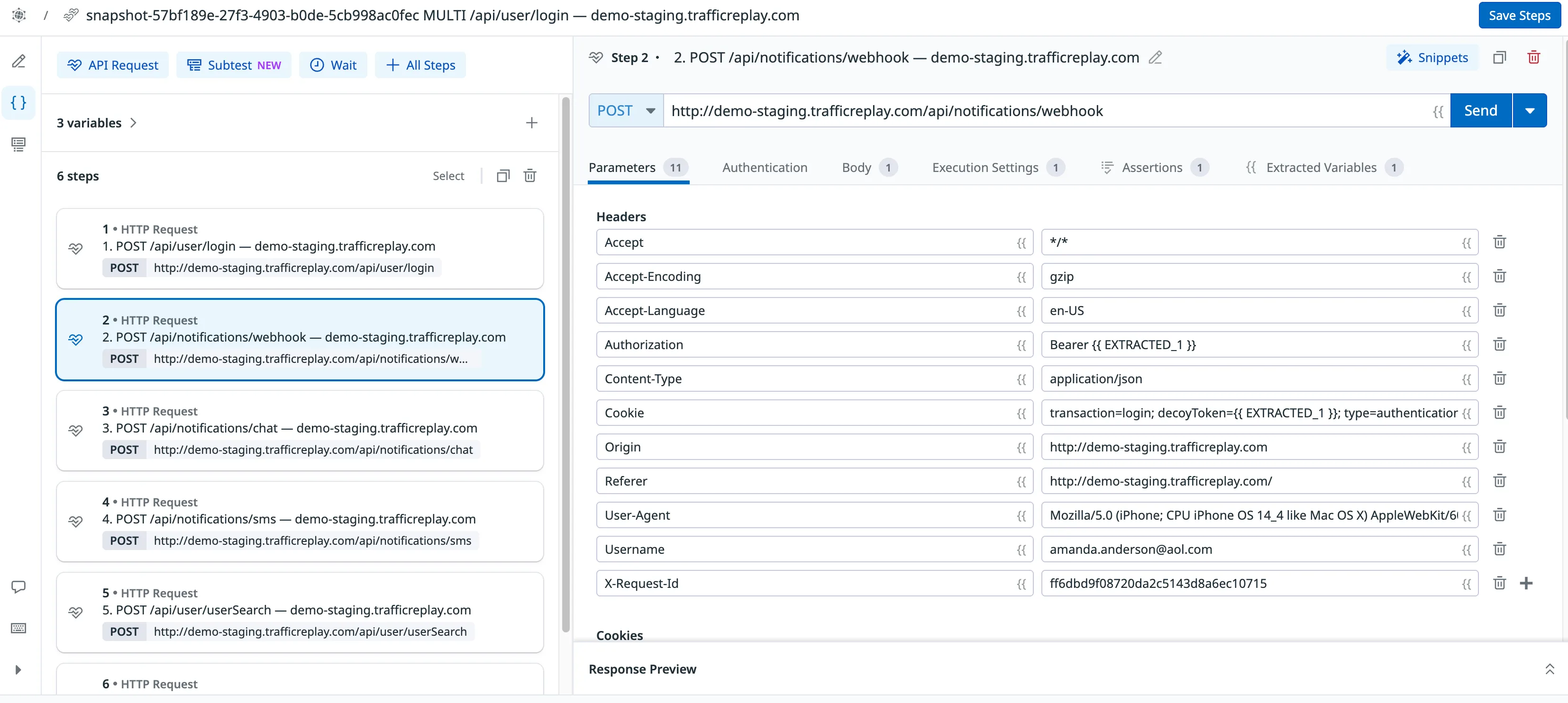 Datadog Synthetics showing the imported multistep test with steps from Amanda's recorded session