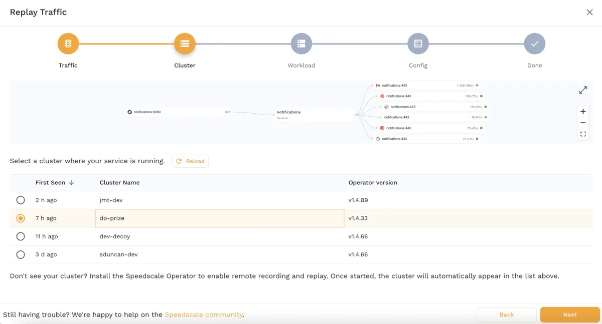 Speedscale’s user interface, showing cluster selection