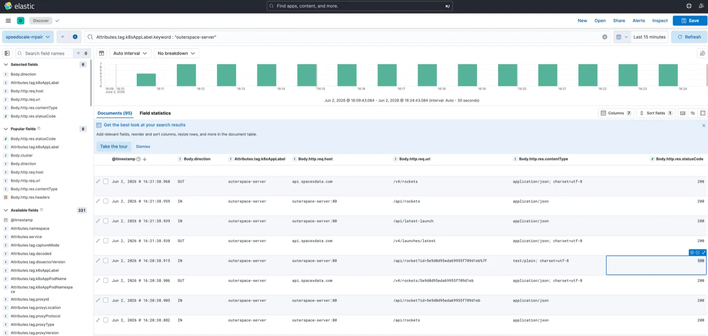 Kibana Discover view filtered to outerspace-server showing individual RRPair documents with 500 status codes