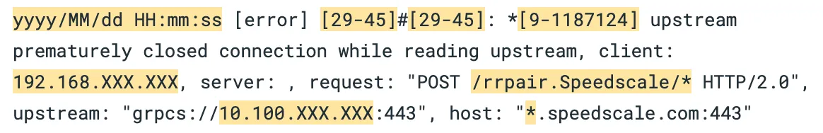 Error log showing upstream prematurely closed connection