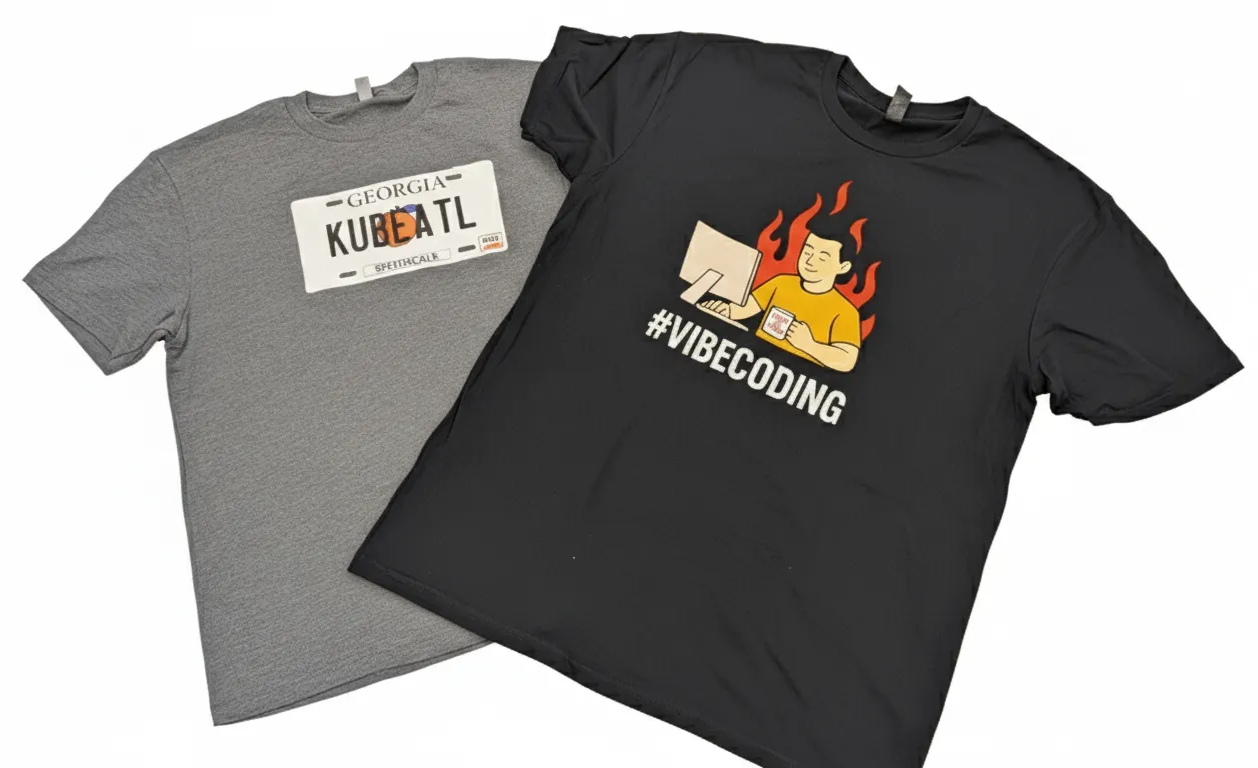 Two Speedscale t-shirts: a gray Georgia KubeATL design and a black Vibecoding graphic tee.