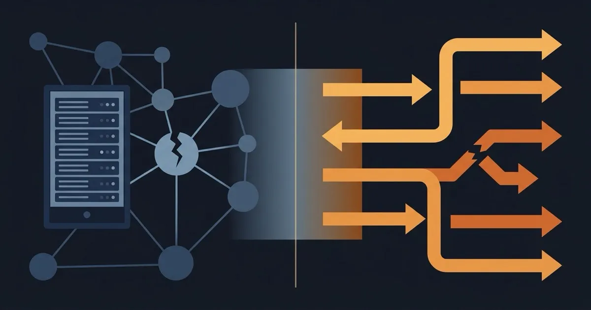 Split illustration of a fractured infrastructure node network on the left and a broken API request-response arrow on the right