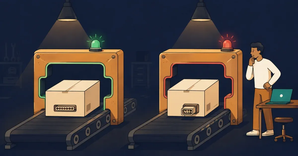 Two parcel scanners compare an old connector that passes with a changed connector that fails while a developer notices the mismatch