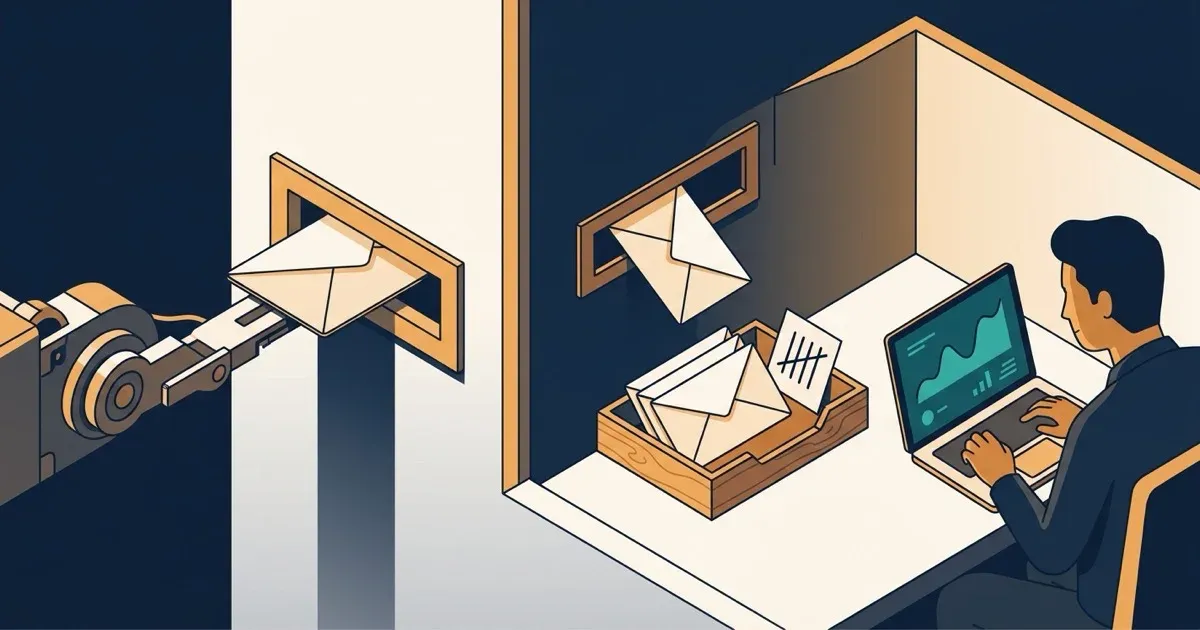 A cutaway mail slot where a pushed envelope lands in a tray beside earlier envelopes and a tally card instead of being delivered