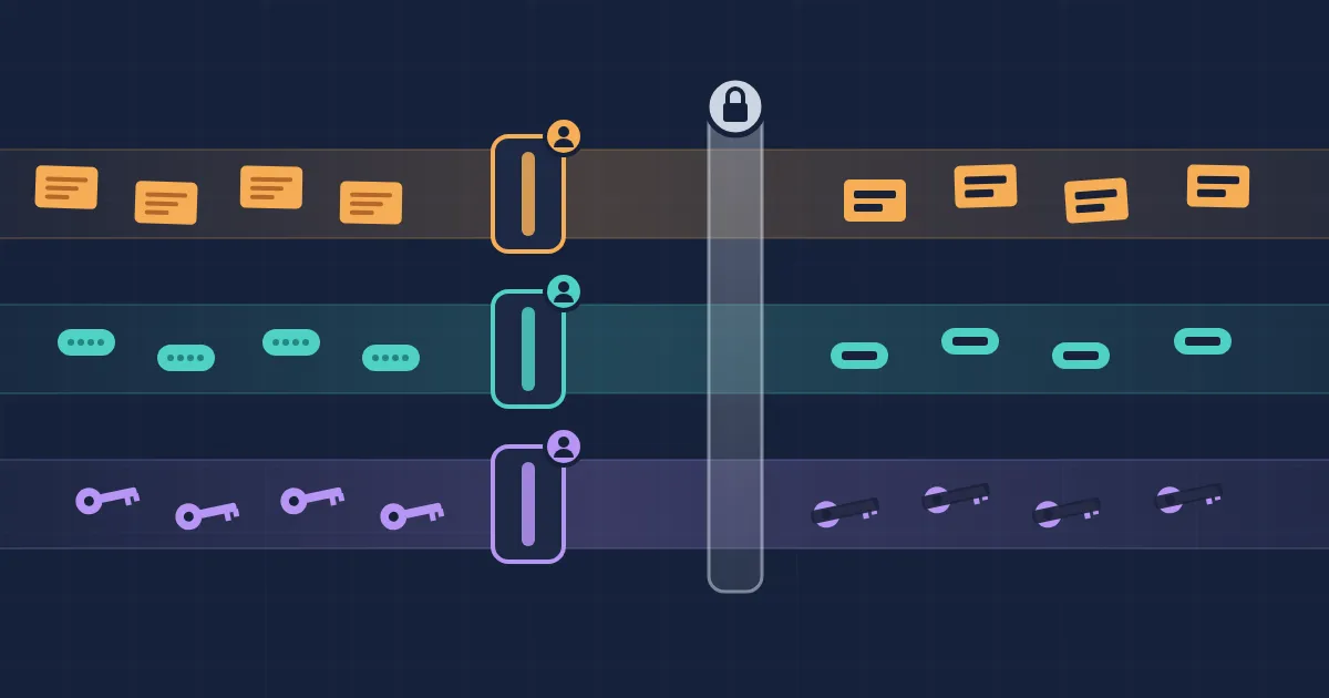 Three colored lanes of API traffic, each passing through its own team-owned redaction gate and then a shared baseline lock, leaving with sensitive values blacked out