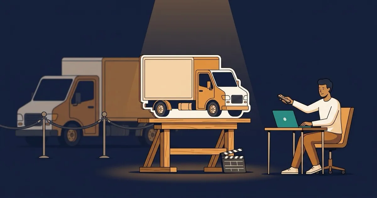 A cardboard cutout of a delivery truck on a film set stands in for the real truck while a developer at a laptop points a remote at it