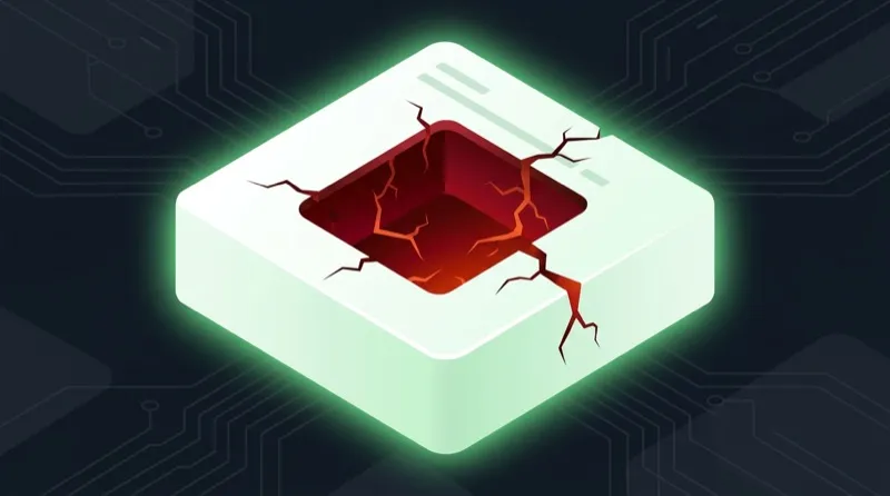 AI-generated code module with a clean green exterior cracked open to reveal a dangerous red interior — hidden vulnerabilities beneath a passing surface