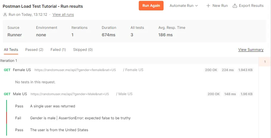 Postman load test tutorial - Run results
