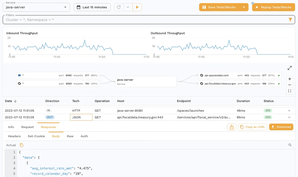 Speedscale dashboard with inbound and outbound calls