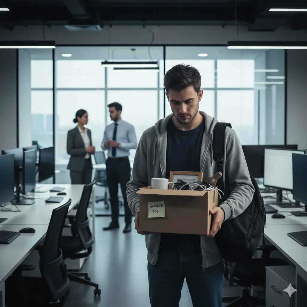 AI generated image of a man packing up his office and leaving work