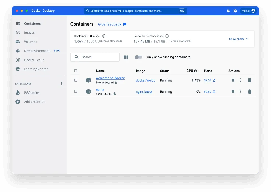 Screenshot of Docker Desktop, a great all-round development environment.