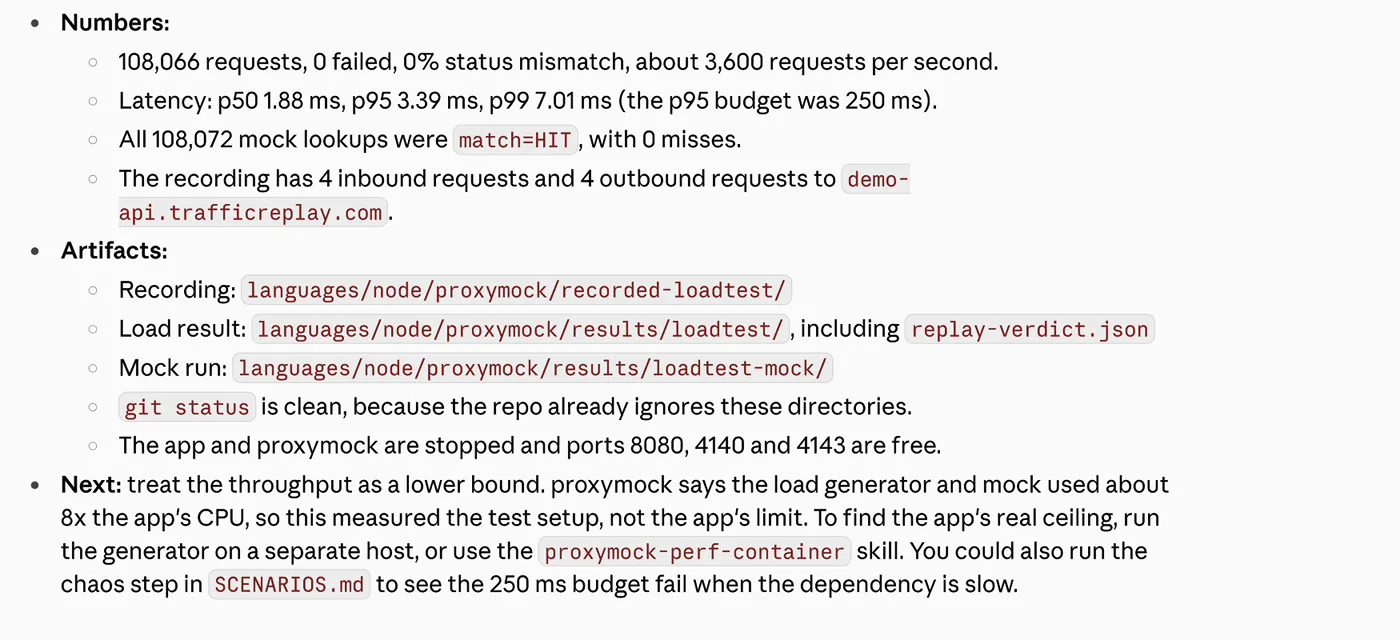 A local proxymock load-test result showing latency percentiles, mock matches, and a warning that the test setup limited throughput.