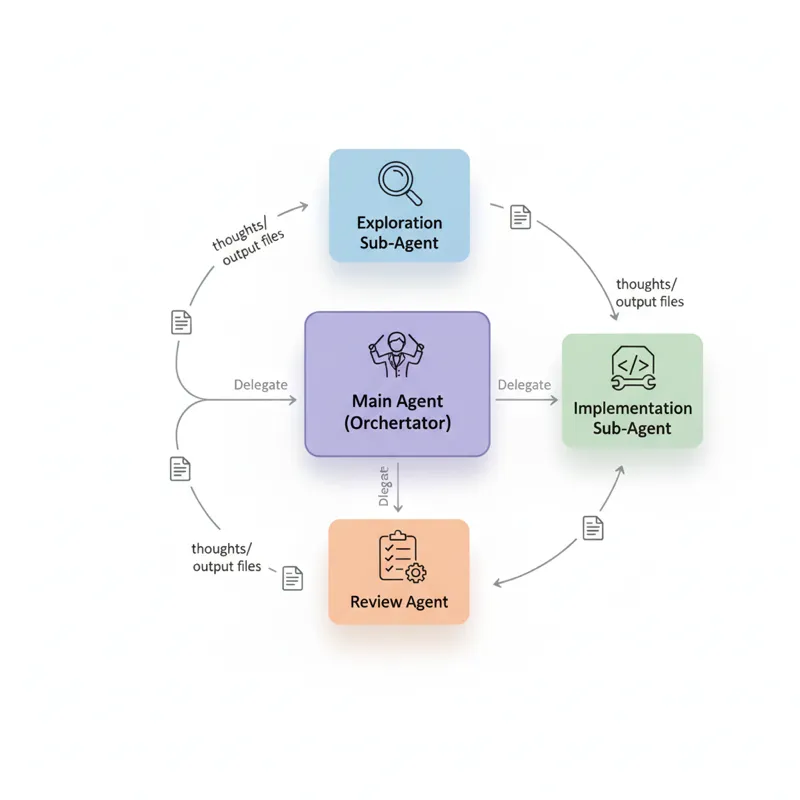 Orchestrator pattern diagram showing main agent at center delegating work to exploration, implementation, and review sub-agents