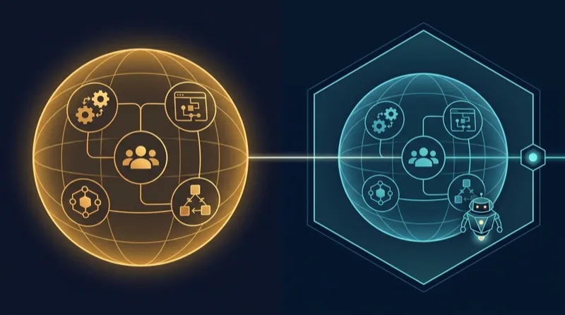 Production environment mirrored into a controlled replica testing chamber, with an AI agent running verification tests against the replica before code ships