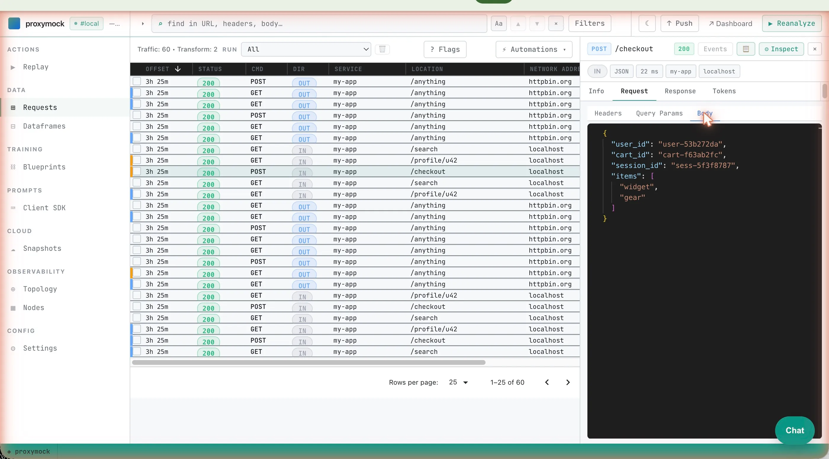 Decoded JSON request body for a POST /checkout: proxymock web shows user_id, cart_id, session_id, and items pulled directly off the wire