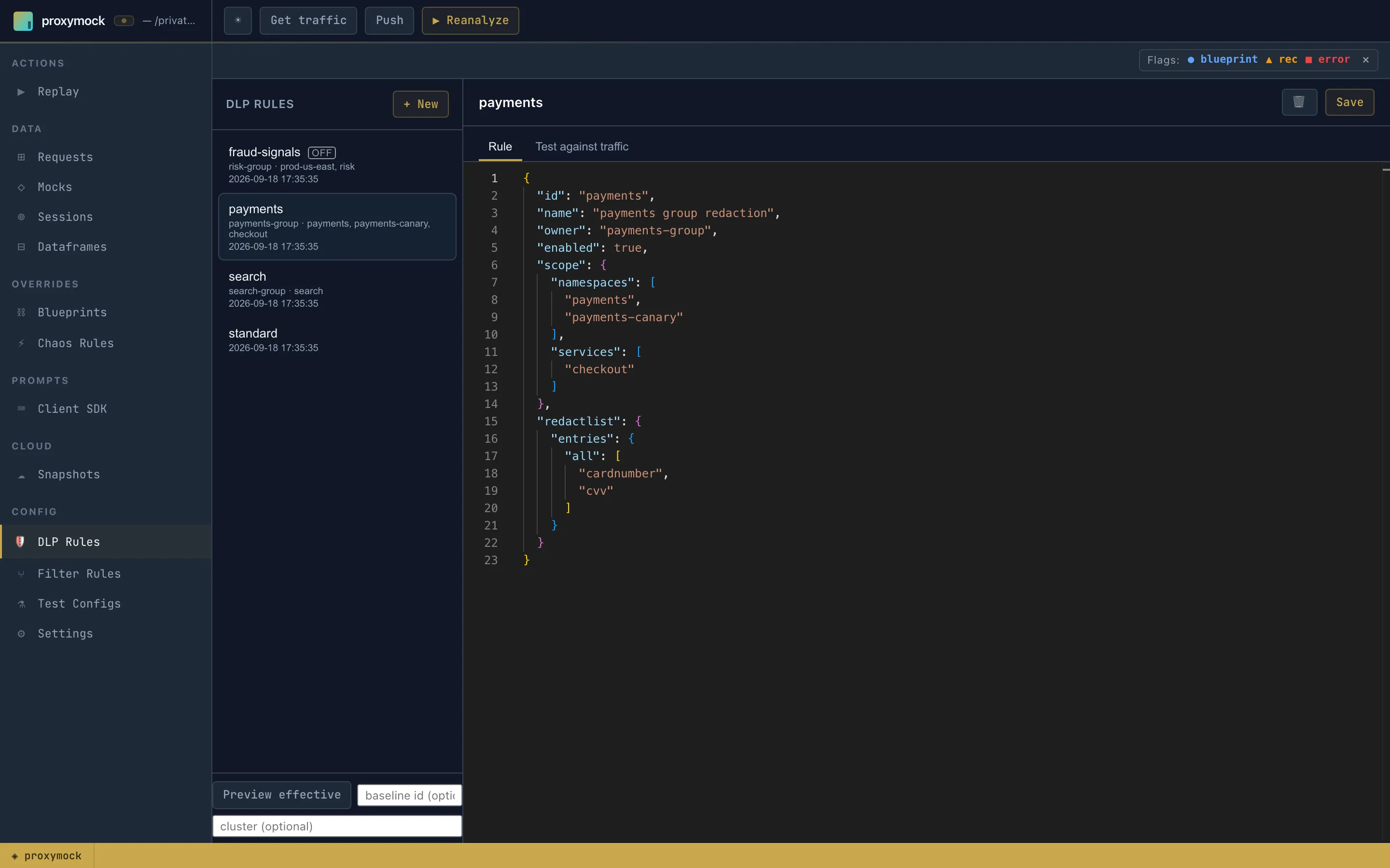 proxymock web DLP Rules: the rule list shows owner and coverage for each group rule