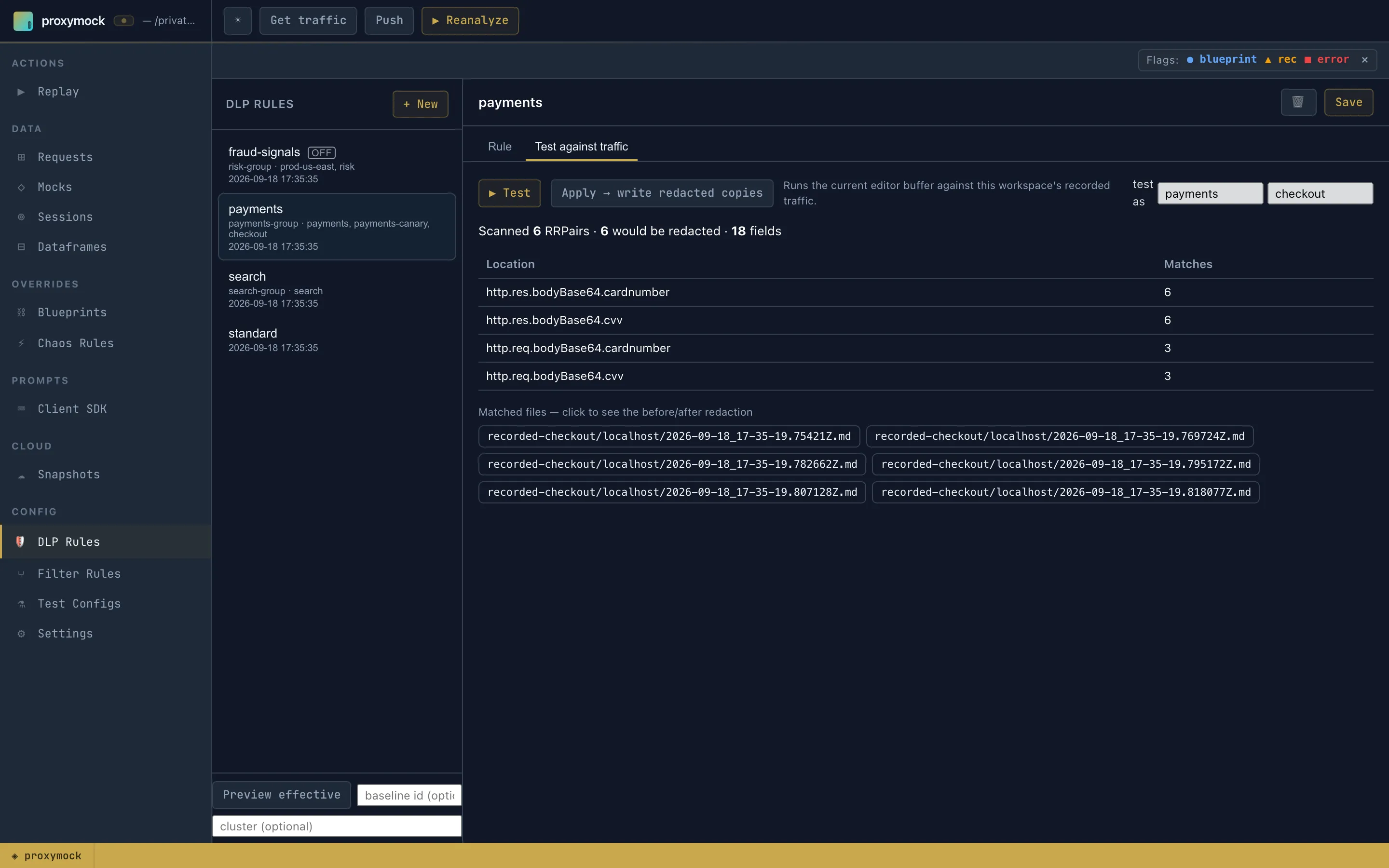 Testing the payments rule as payments/checkout: cardnumber and cvv found in requests and responses