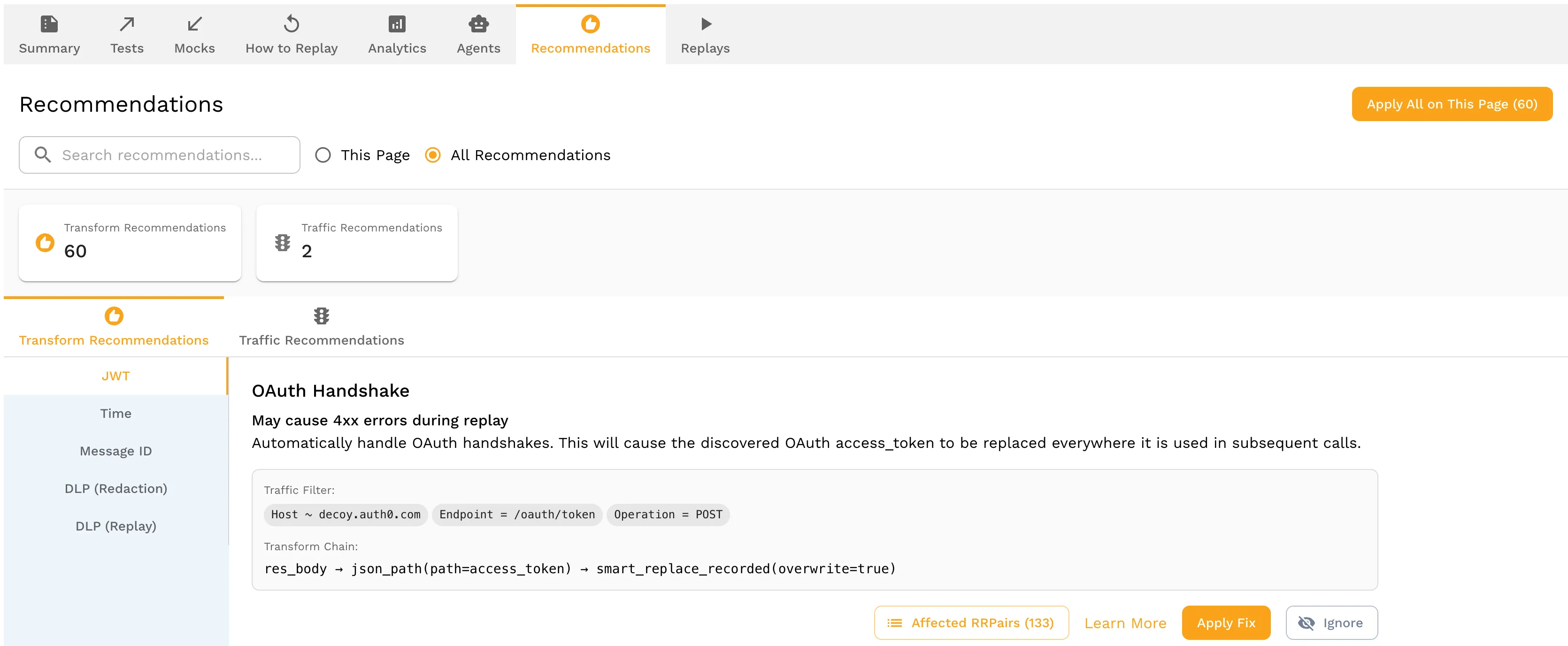 Speedscale Recommendations tab showing a detected OAuth handshake with a smart_replace_recorded transform to re-sign expired JWTs