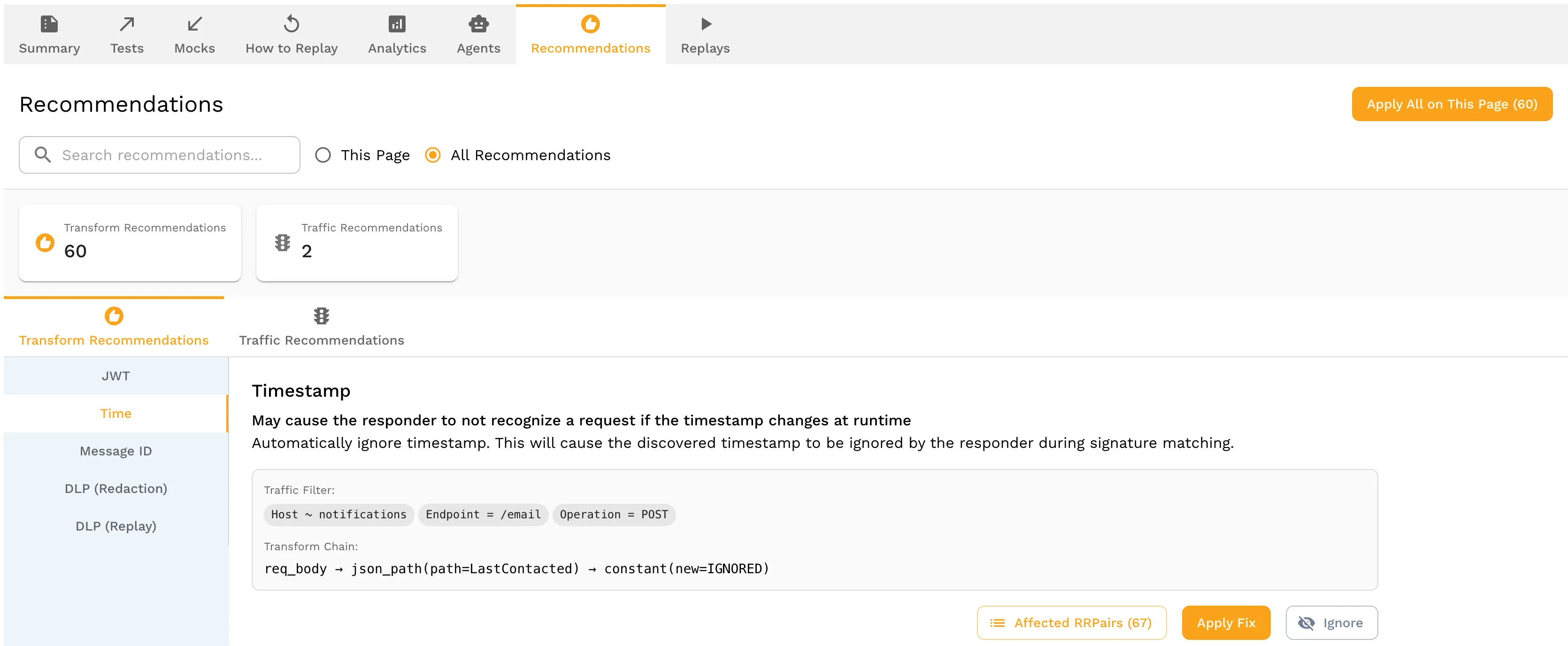 Speedscale Recommendations tab showing a detected timestamp field with a transform to ignore it during replay matching