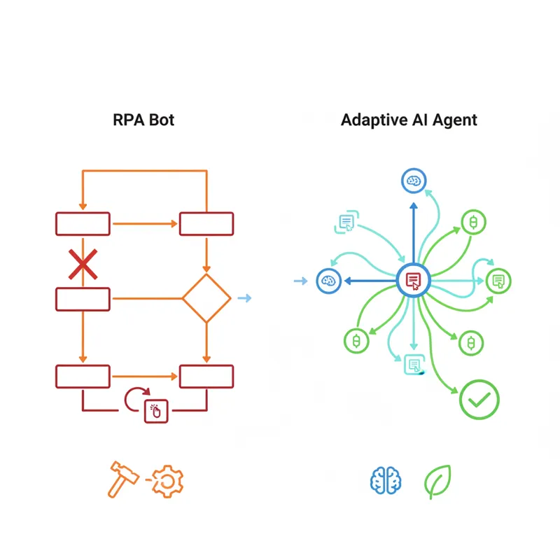 Comparison diagram showing how RPA bots break when UI changes while OpenClaw agents adapt and reason about interface changes