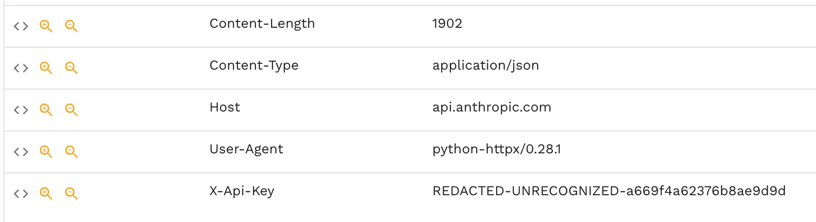 Speedscale headers view showing the provider request metadata with the API key redacted