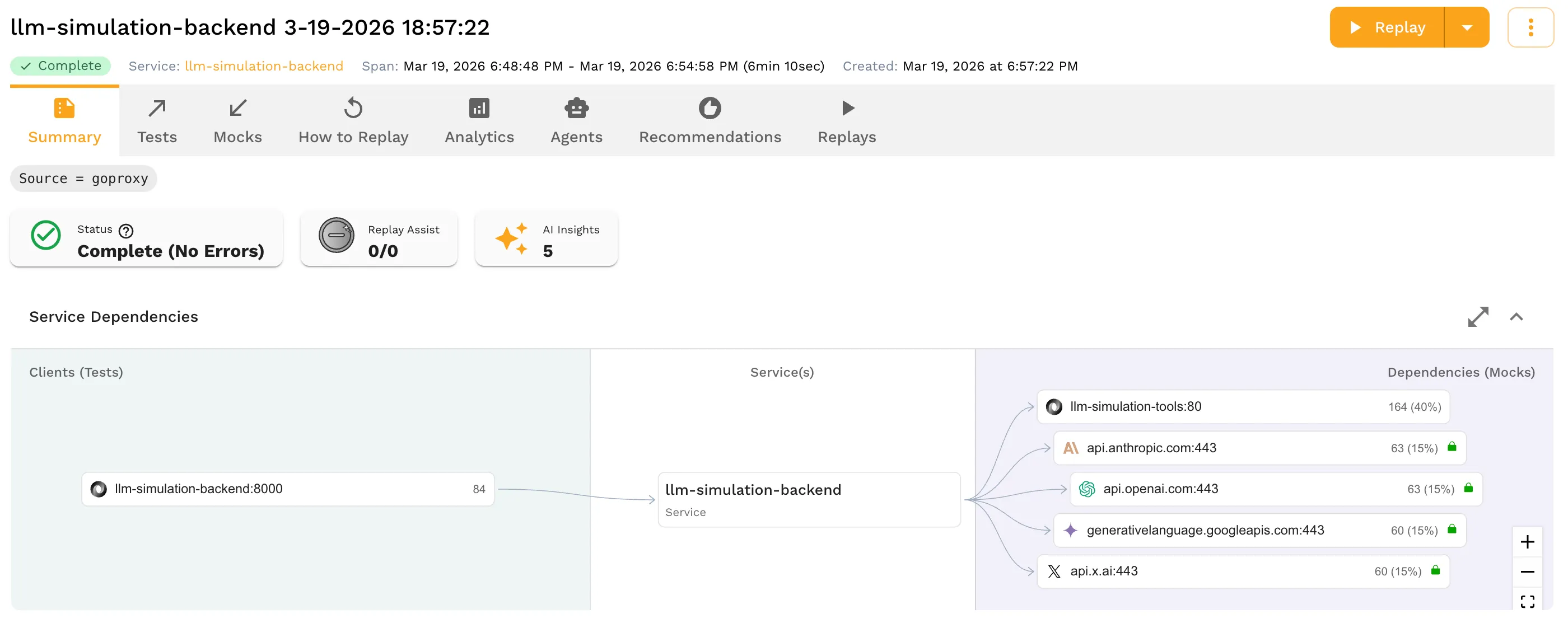 Speedscale snapshot view showing the recorded LLM simulation backend, its tools service, and outbound calls to Anthropic, OpenAI, Gemini, and xAI
