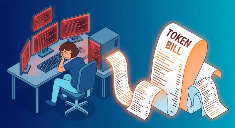 Developer staring at error-filled monitors while a giant token bill receipt unrolls across the desk