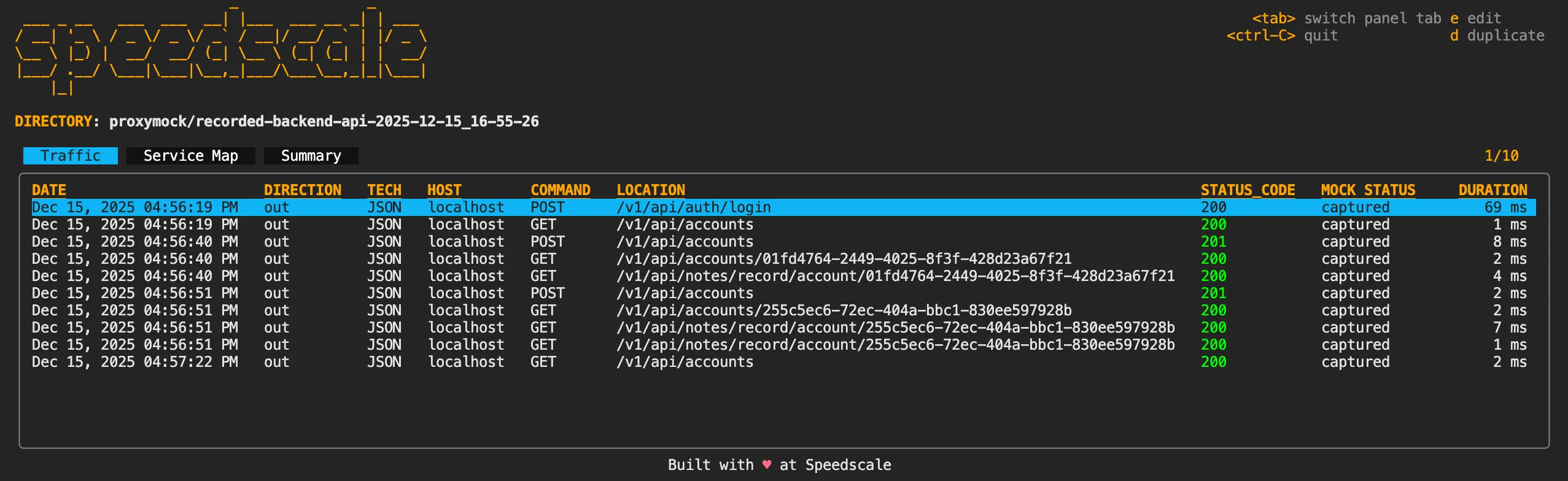 Recorded traffic shown in terminal