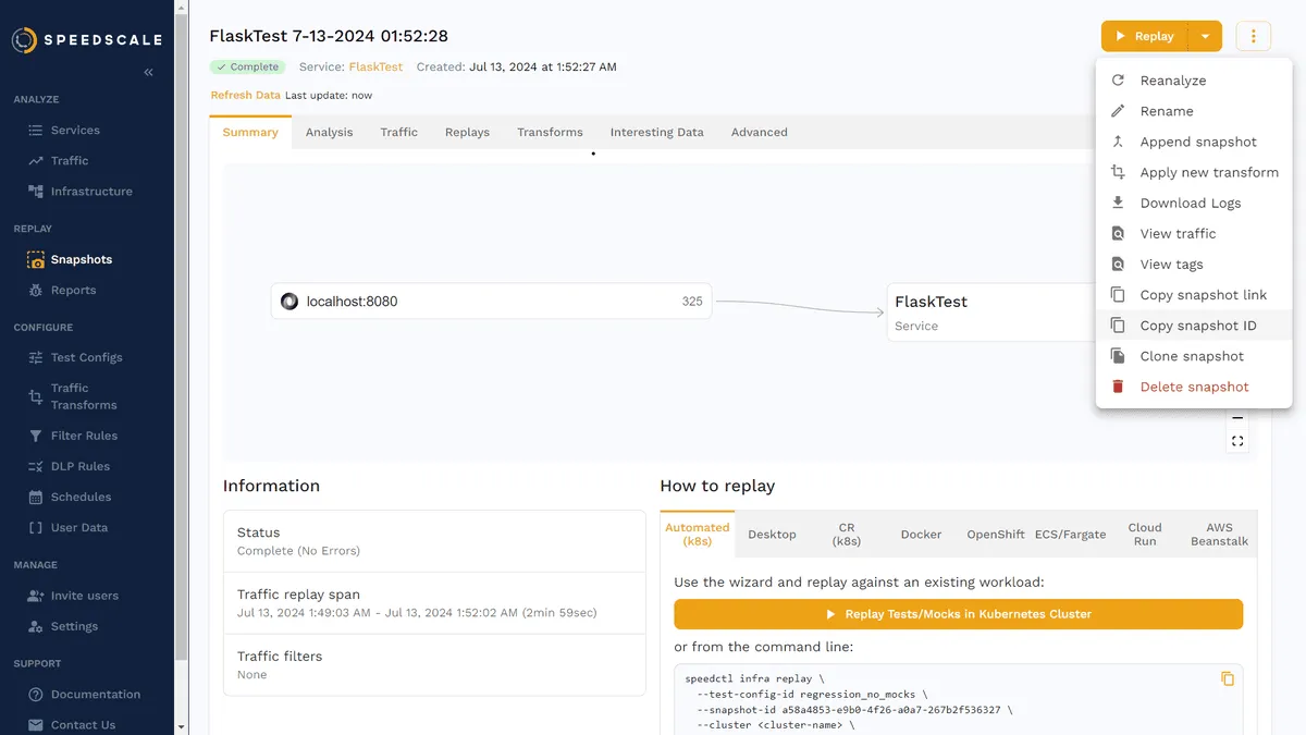 Speedscale traffic snapshot