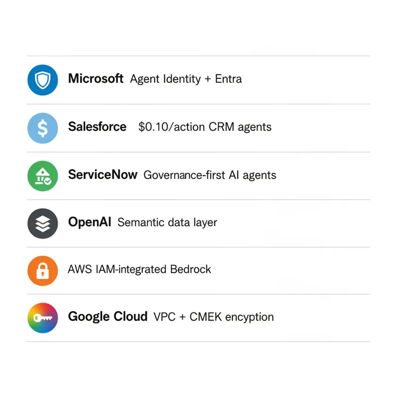 Comparison of enterprise AI agent platforms from Microsoft, Salesforce, ServiceNow, AWS, and Google showing their governance approaches