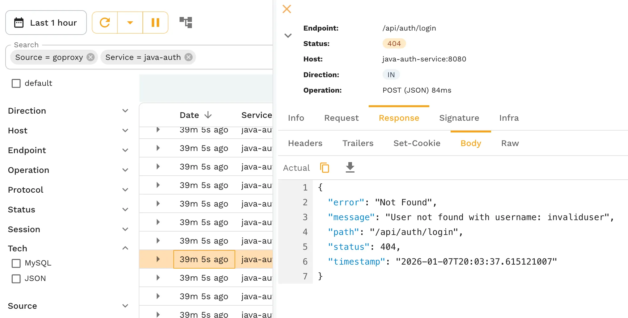 Traffic viewer showing API requests