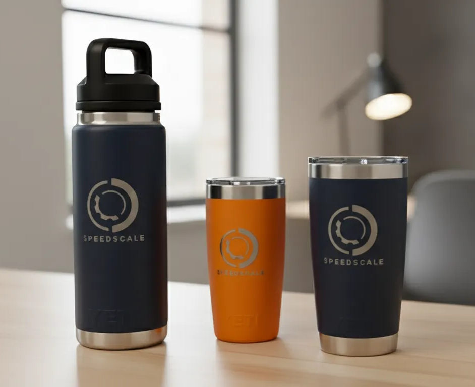 Rendering of Speedscale-branded Yeti tumblers in navy and orange.